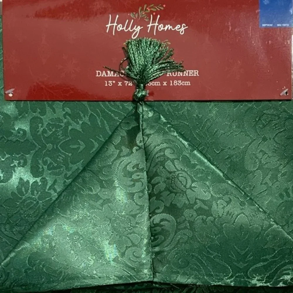 Holly Homes Table Runner Silky Holiday Christmas Green Damask 13 in x 72 in